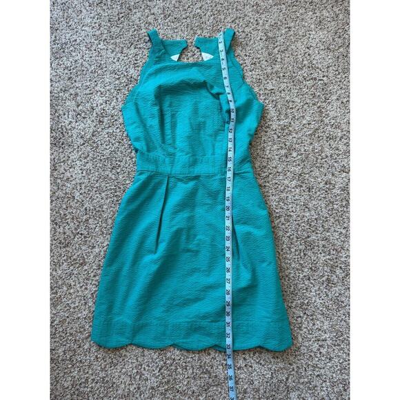 Lauren James Seersucker teal/Lagoon dress, size XS, scalloped hem, halter top - Picture 4 of 9